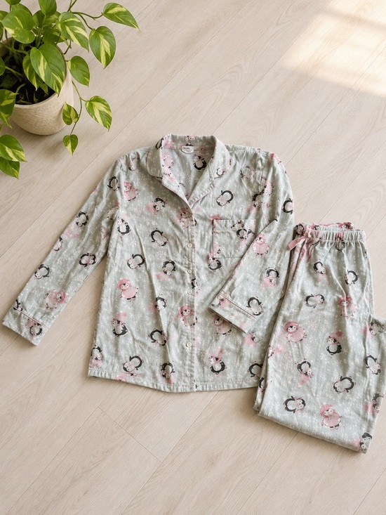 La Vie En Rose Other - La Vie En Rose Pink Penguin Flannel Pajama Set Sz L Cotton‎ Button Down Cozycore